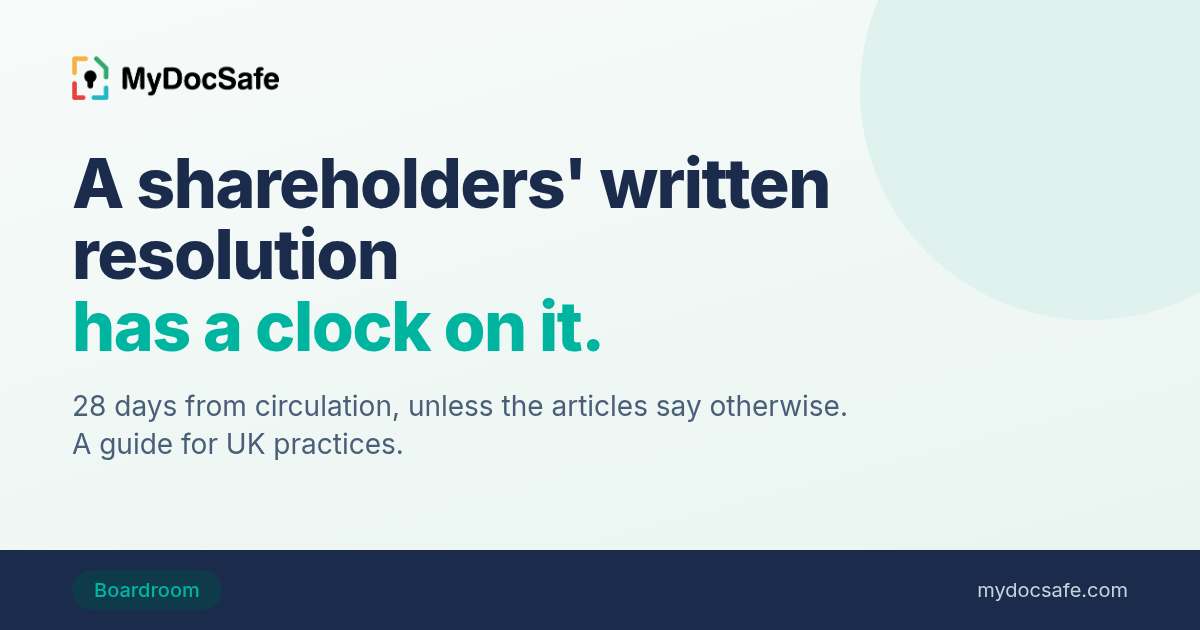 A shareholders' written resolution has a clock on it: 28 days from circulation. A MyDocSafe guide for UK practices.