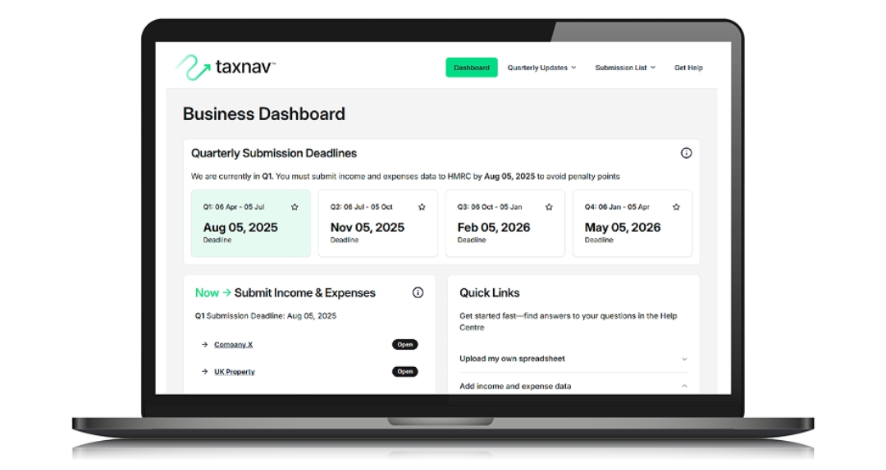 TaxNav client business dashboard with quarterly submission deadlines