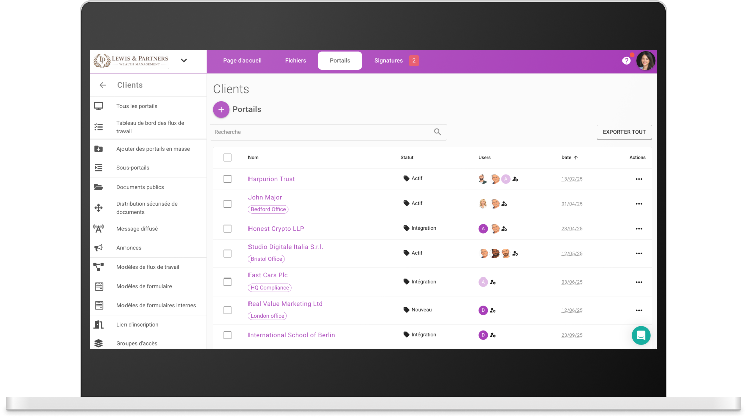 Logiciel de portail client – liste des clients et gestion des documents
