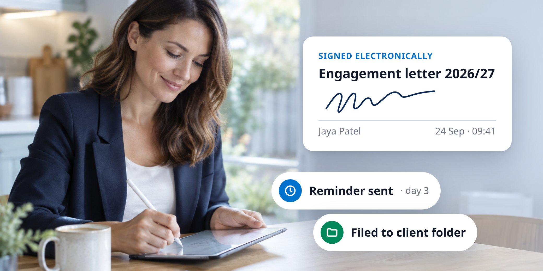 Client signing an engagement letter electronically on a tablet, with signature confirmation, reminder and auto-filing notifications