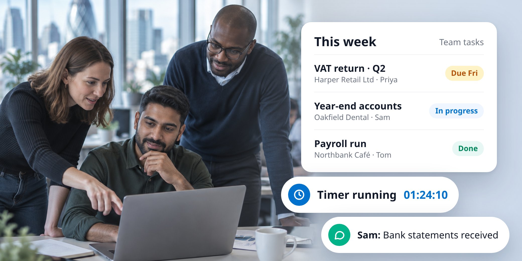 Accountancy team planning work together, with a weekly task list, running timer and team message