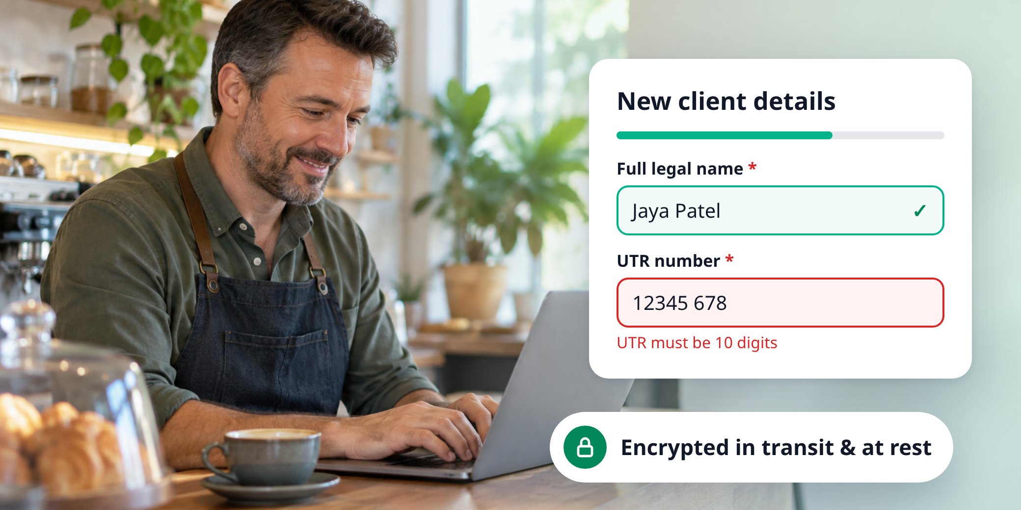 Small business owner completing a secure new-client form on a laptop, with field validation and encryption notice