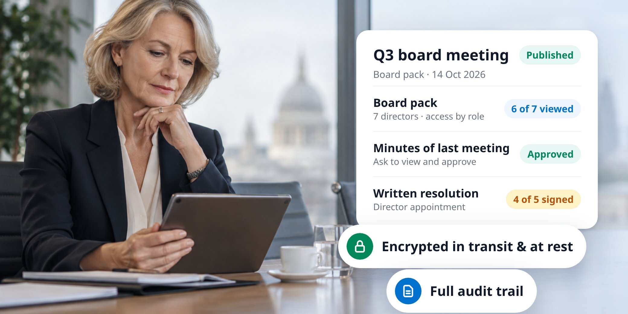 Company chair reviewing a board pack on a tablet in a London boardroom, with MyDocSafe showing the Q3 board meeting pack published, minutes approved and a written resolution 4 of 5 signed
