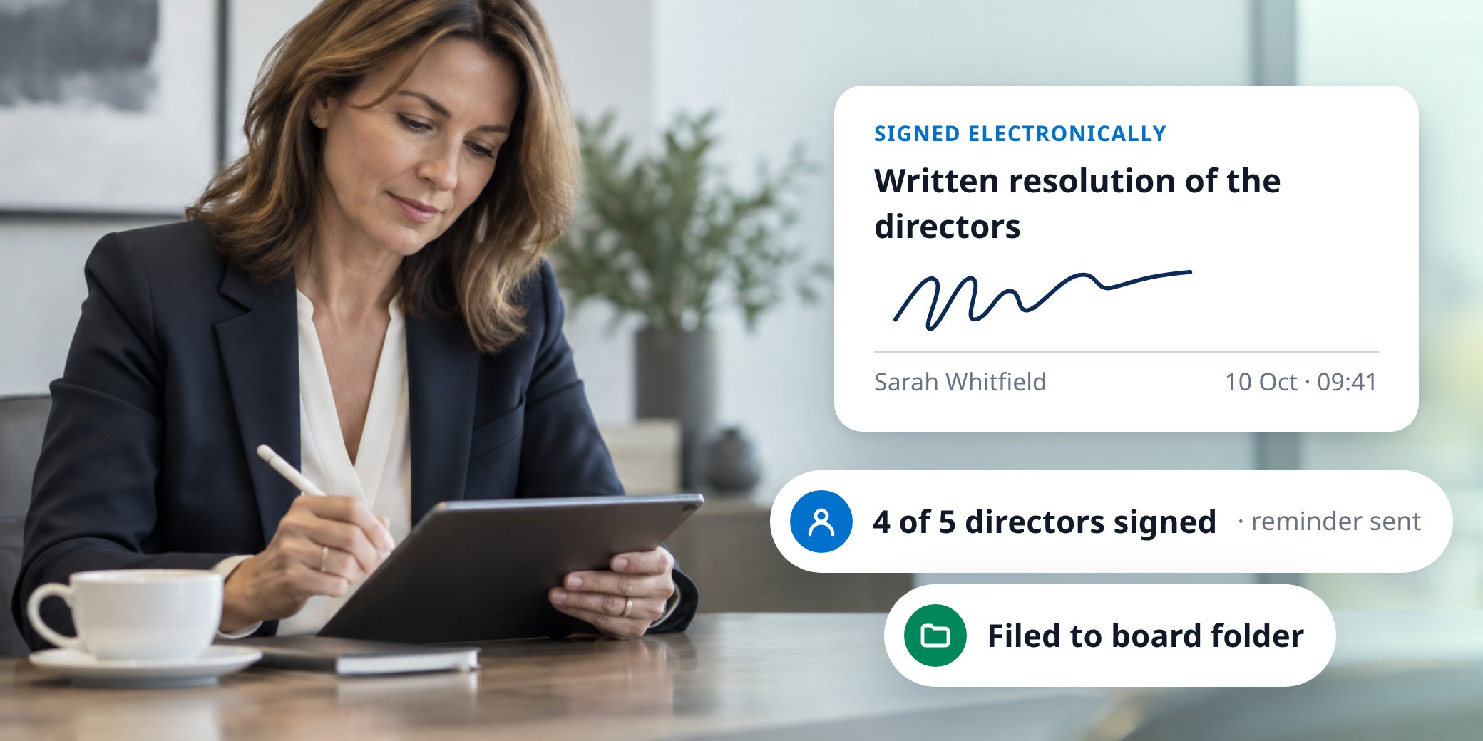 Finance director signing a written resolution of the directors on a tablet, with 4 of 5 directors signed and the document filed to the board folder
