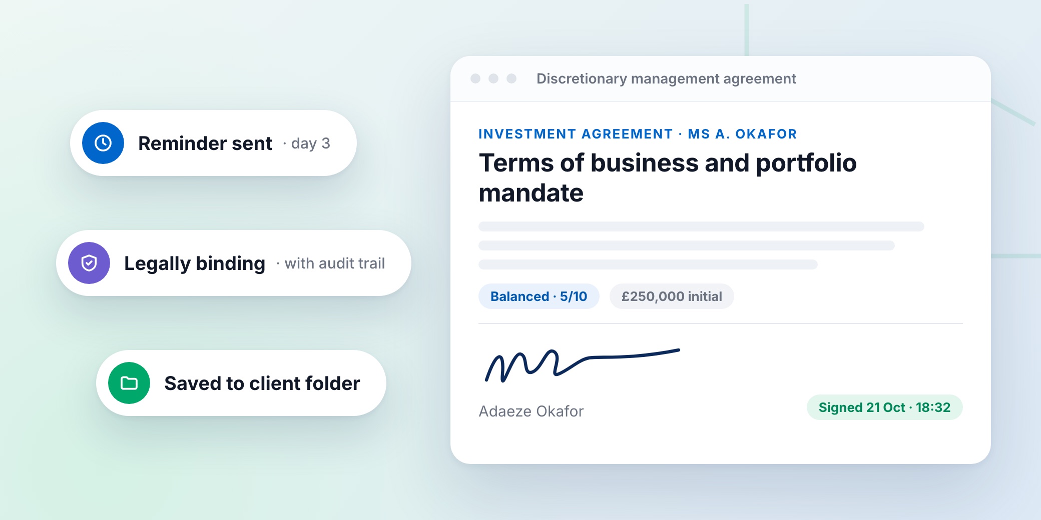 Discretionary management agreement signed electronically by the client, with reminder, audit trail and saved-to-client-folder notifications