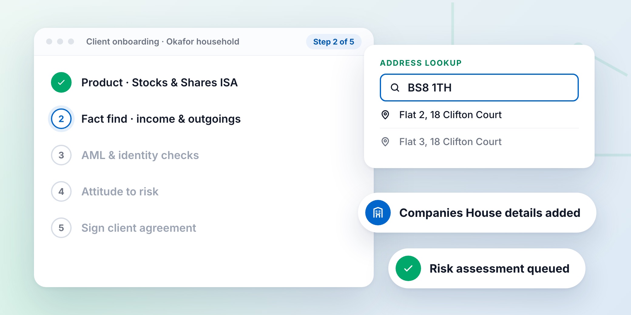 Client onboarding journey from ISA product selection through fact find, AML checks and attitude to risk to signing, with postcode and Companies House lookups
