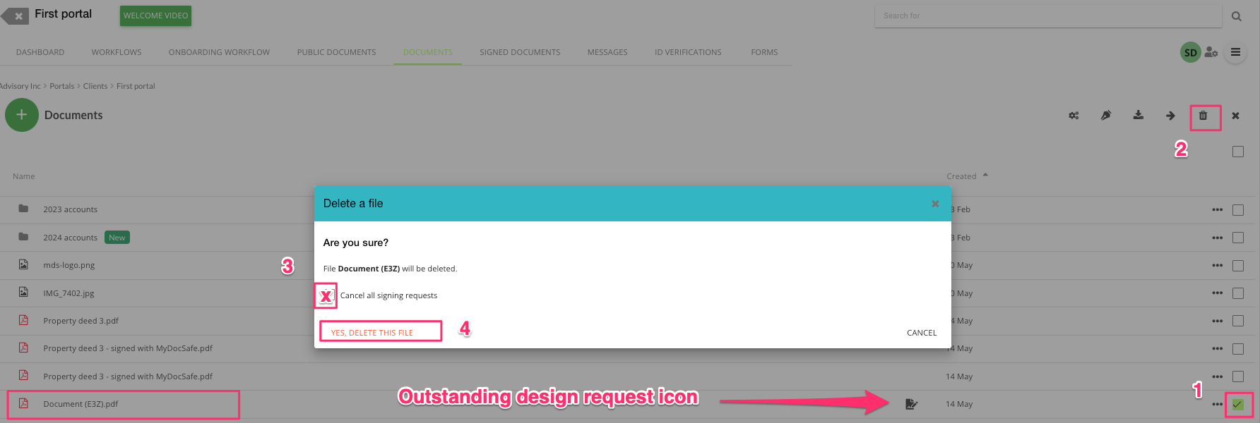 MyDocSafe Ein zur Unterzeichnung versandtes Dokument löschen und E-Signatur-Anfragen stornieren