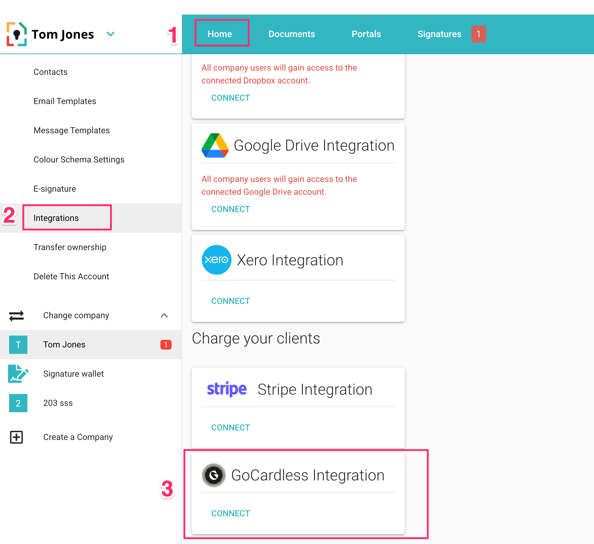 GoCardless integration settings in MyDocSafe account