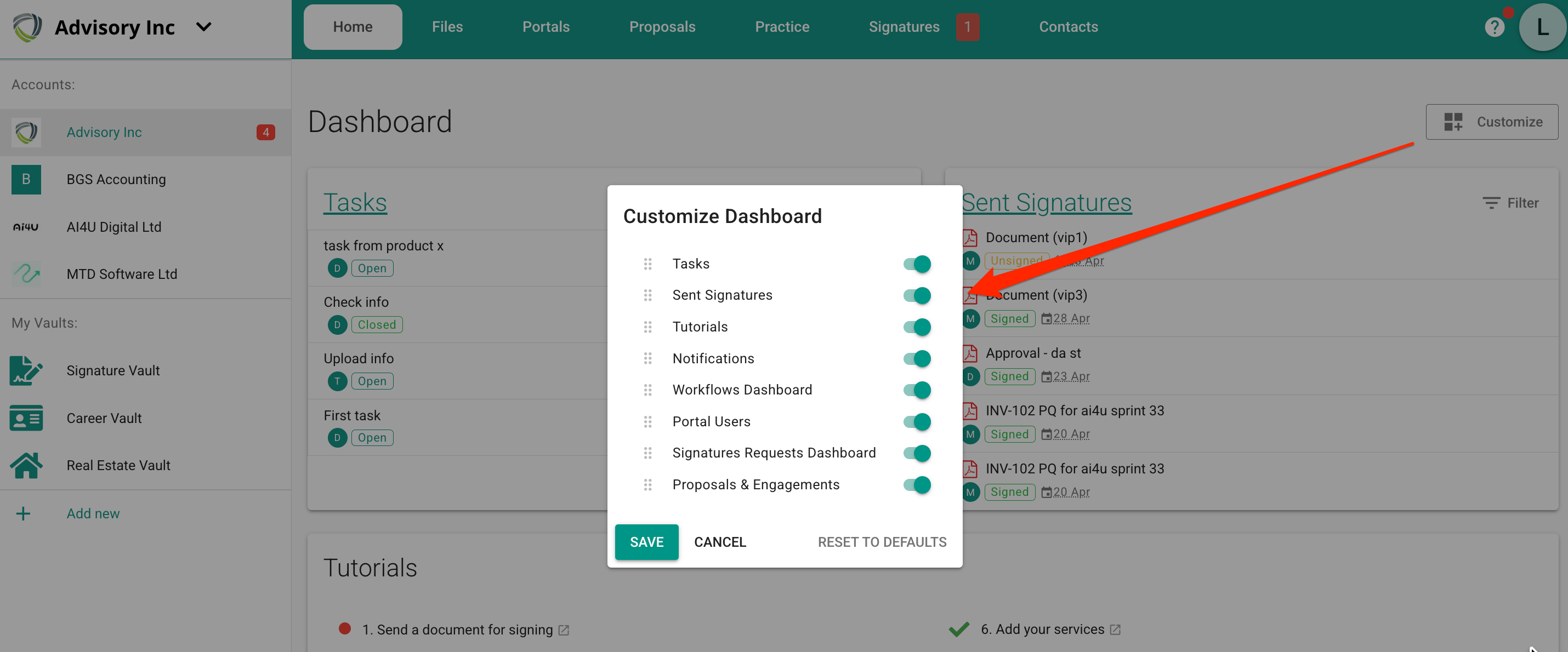 MyDocSafe personalizar painel da conta