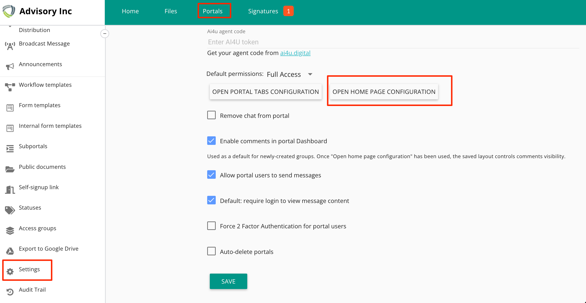 MyDocSafe ativar widgets do painel do portal