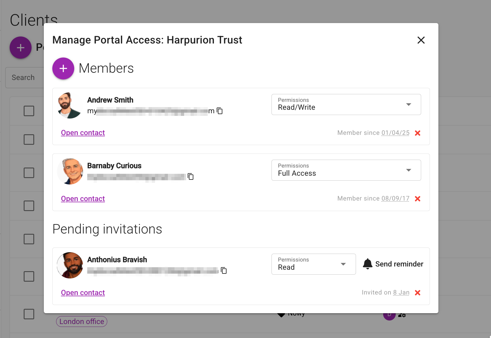 Manage portal access and document sharing